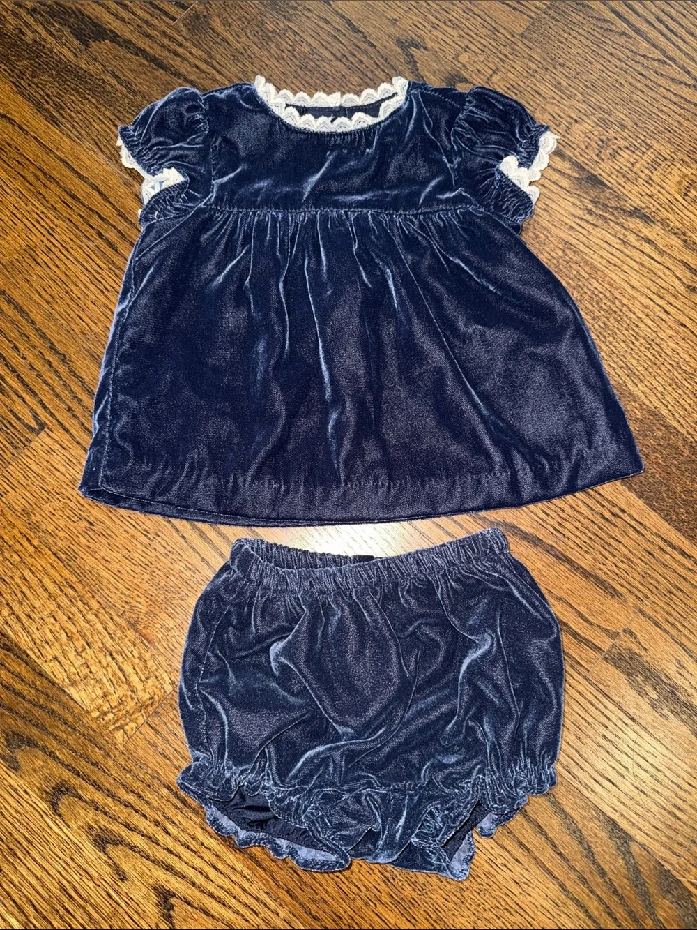 Navy Velvet Ruffle-Trim Matching Set 12-18 Months